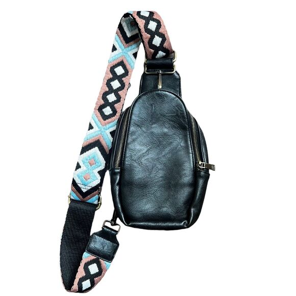 Unbranded Black Vegan Leather Sling Bag Embroidered Strap - Picture 2 of 10